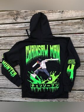 NEW Mens XL HOT TOPIC Chainsaw Man Black Green Graphic Hoodie Hooded Sweatshirt